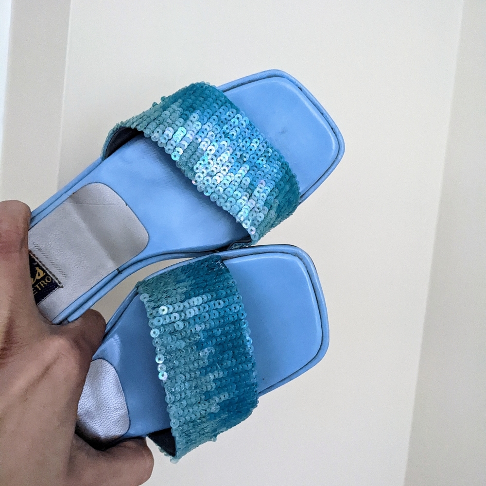 Shaded blue sequin heeled sandals